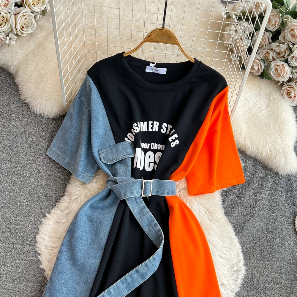 Women Summer Casual T Shirt Short Sleeve Streetwear Patchwork Denim Long Shirts Female O-neck Slim Jeans Tops