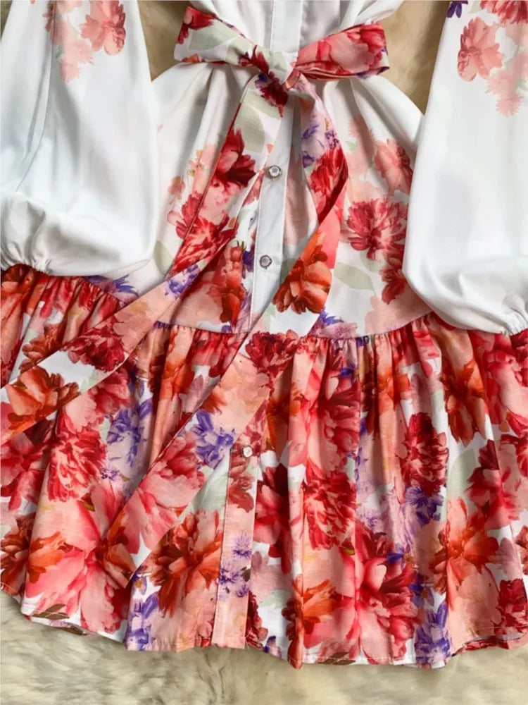 Elegant Casual Women Pleated Print Mini Dress Vintage Lace-up Lantern Sleeve Ruffles Short Dresses Female Party Clothes Robe