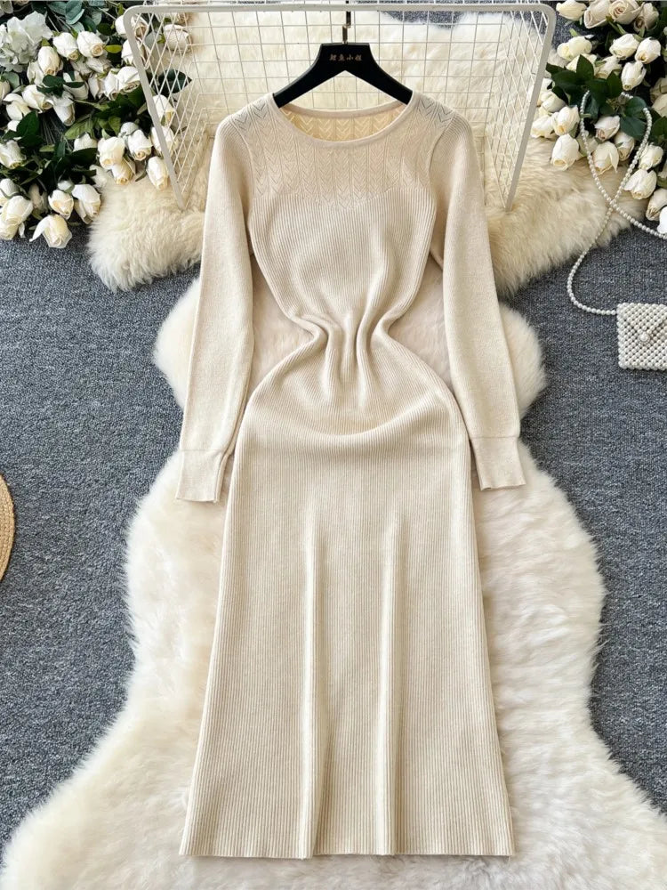 Elegant Solid Knitted Dress for Women Autumn French Vintage O-Neck Long Sleeve Fashion Evening Party Sweater Slim Midi Dresses