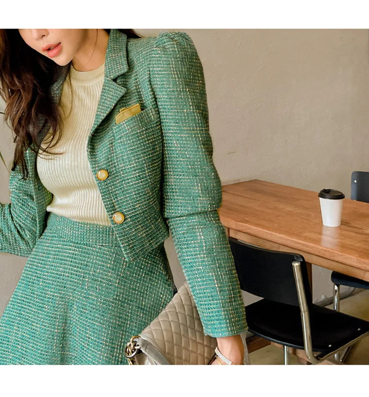 Elegant Temperament Two-Piece Set Tweed for Women Short Blazer Jacket +High Waist Swing Skirt Suits Green Korean Outfits