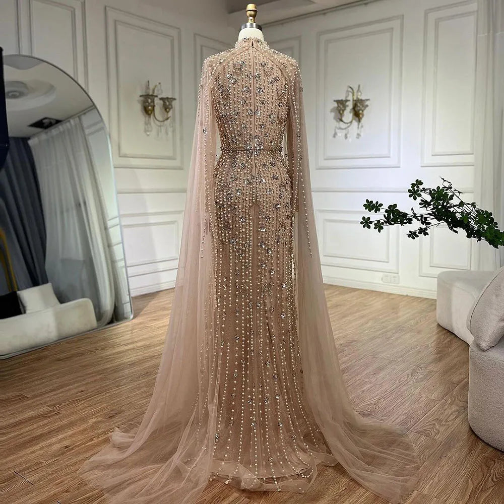 SERENE HILL 2024 Arabic Nude Mermaid Cape Long Sleeves Luxury Beaded Evening Dresses Formal Gowns Women Wedding Party GLA72372