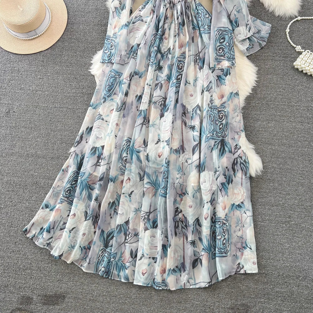 Elegant Chic A-Line Women Autumn Dress Long Sleeve Casual Floral Print Vintage Beach Holiday Vestidos Female Lace-up Robe Mujers