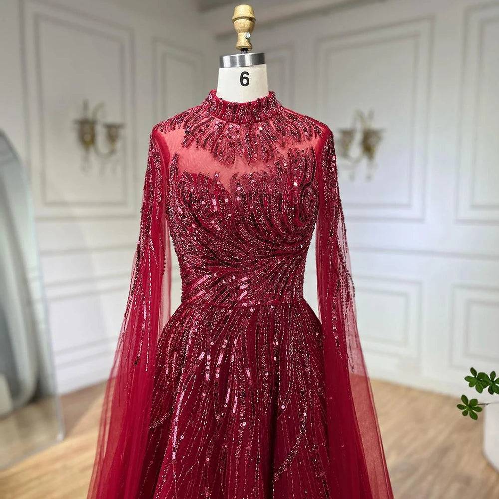 Serene Hill Caramel Luxury Evening Dresses with Cape Sleeves A-Line Beaded Lace Gown For Women's Wedding Party 2024 LA72386