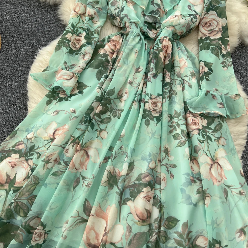 Women Elegant Floral Print Dress for Women Vintage V-Neck Long Sleeves Chiffon Slim A-Line Vestidos Mujer Autumn Female Clothes