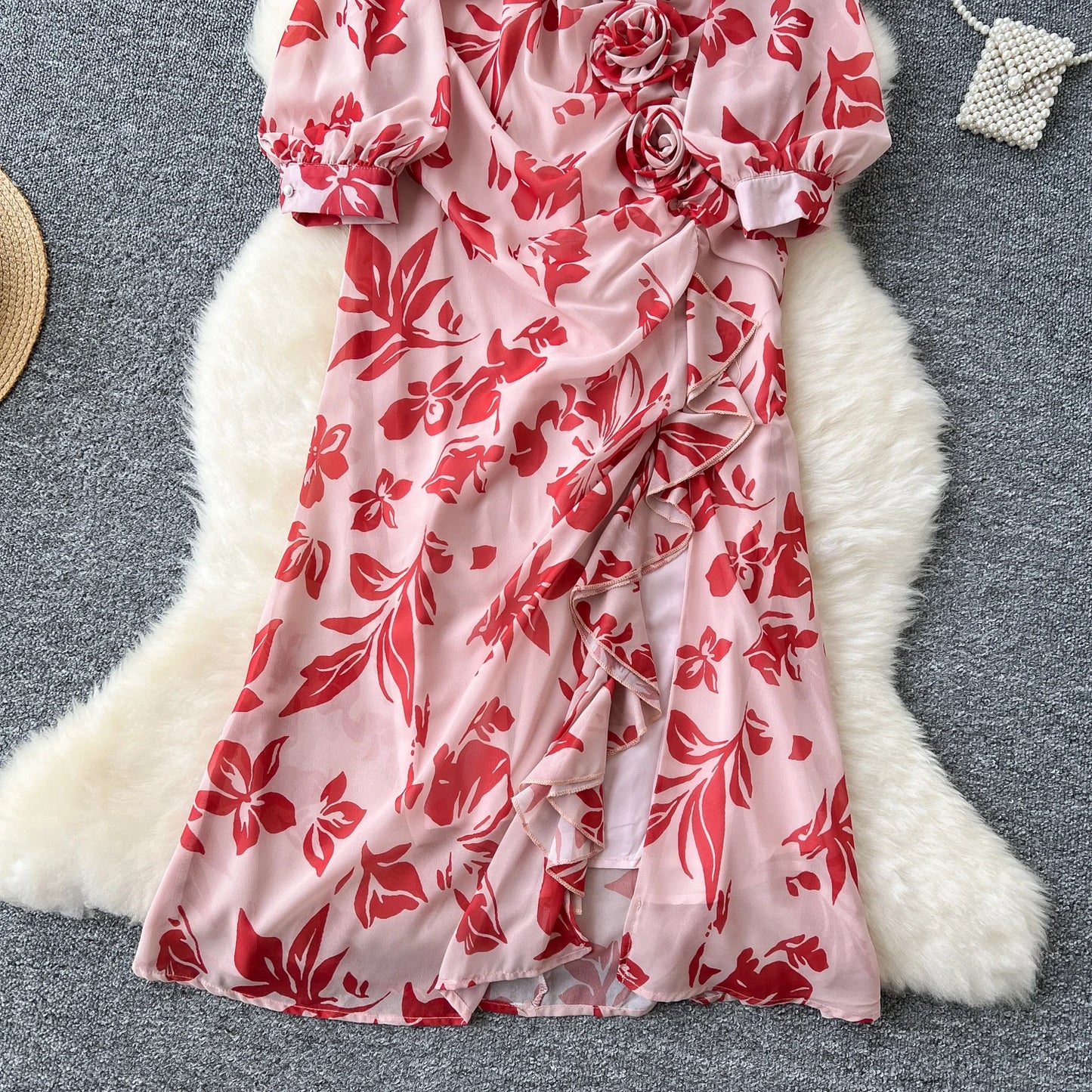 Chic French Sexy Pleated Floral Print Elegant Ruffle Dress Vintage Split Slim High Street Evening Women Autumn Winter Clothing