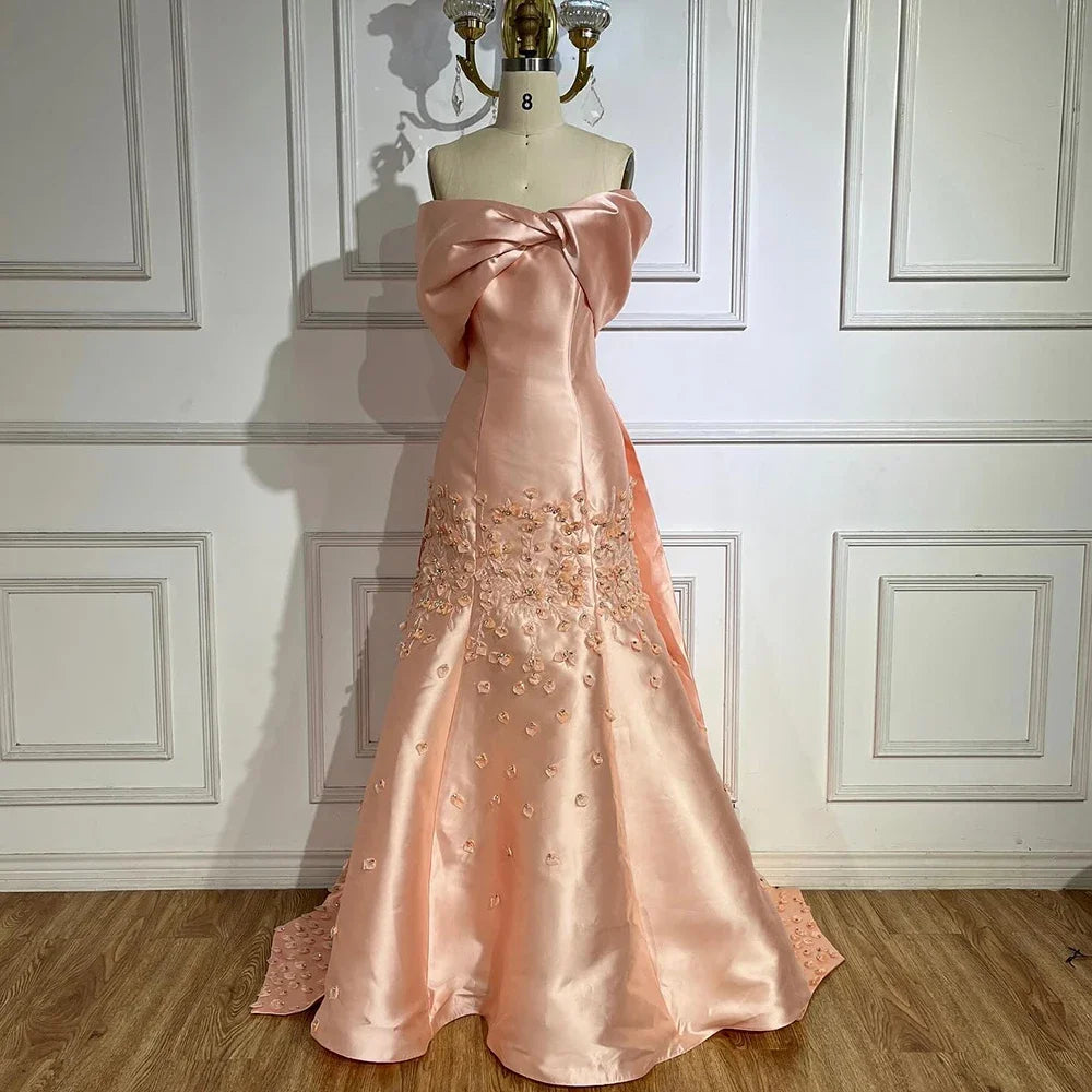Serene Hill 2024 Luxury Saudi Arabia Off Shoulder Mermaid Peach Satin Luxury Women Evening Dress For Formal Occasions GLA72483