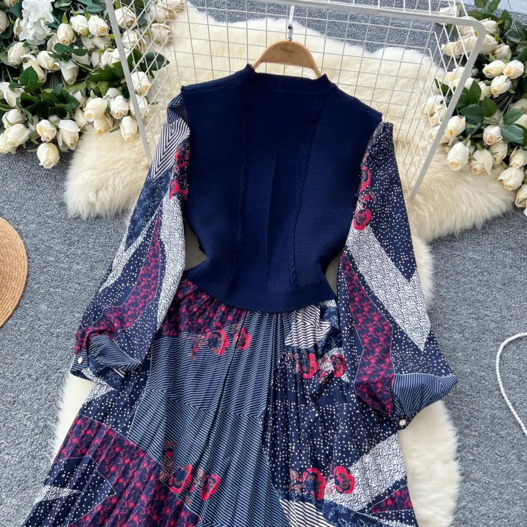 French Vintage Patchwork Print Knitted Dress Elegant and Chic Boho Beach Holiday Dresses A-Line Slim Waist Pleated Vestidos New