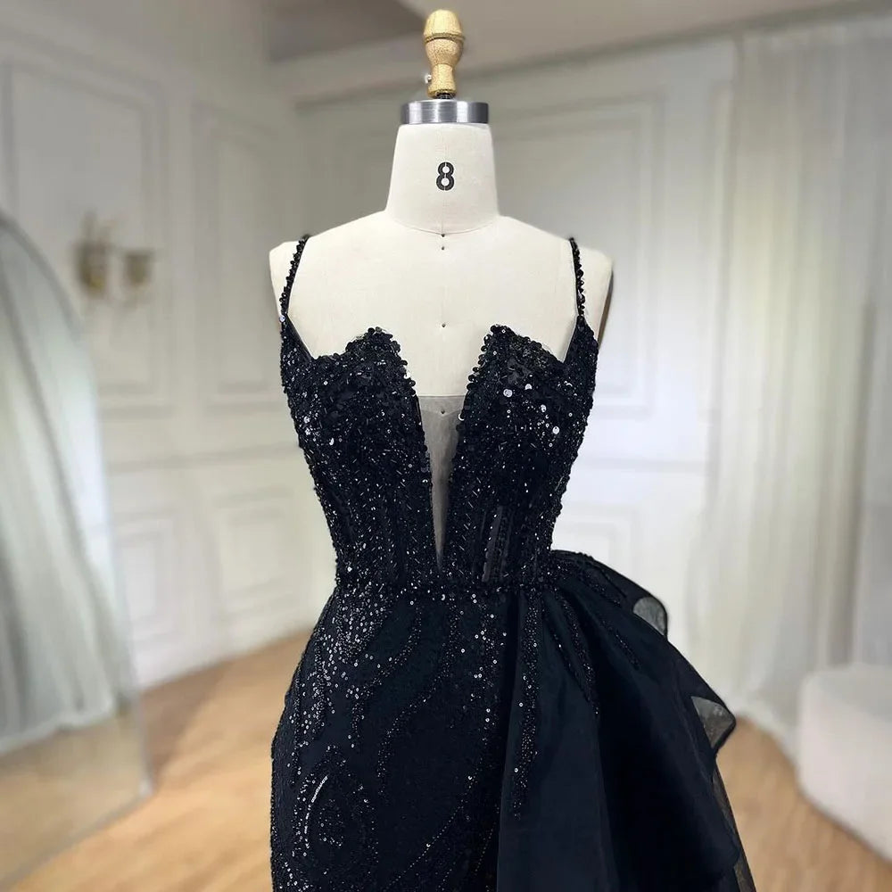 SERENE HILL 2024 Turquoise Spaghetti Strap Luxury Beaded Evening Dresses Mermaid Elegant Overskirt Gown For Women Party GLA72378