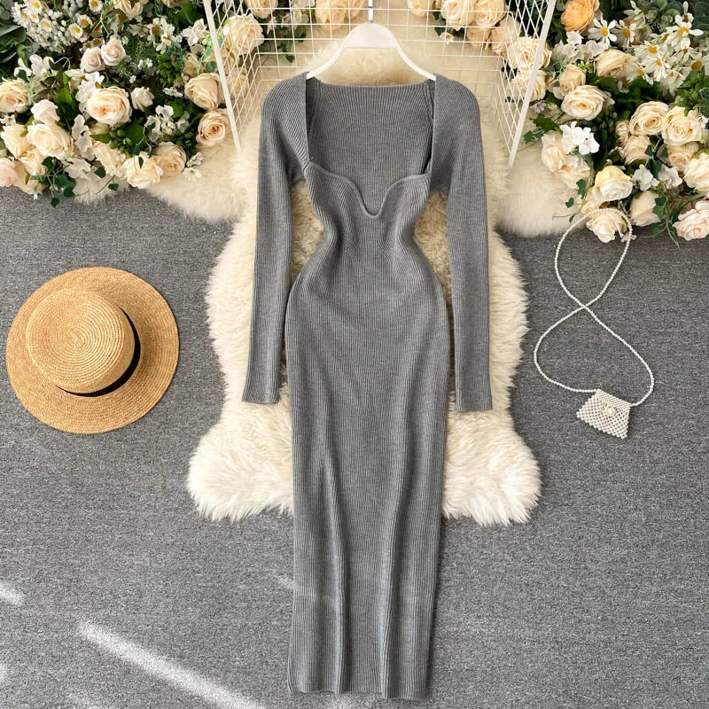 Women Long Sleeve Sexy Bodycon Dress with slit Vintage French Fashion Knit v neck Vestidos Basic Tight Elegant Slim Chic Dresses