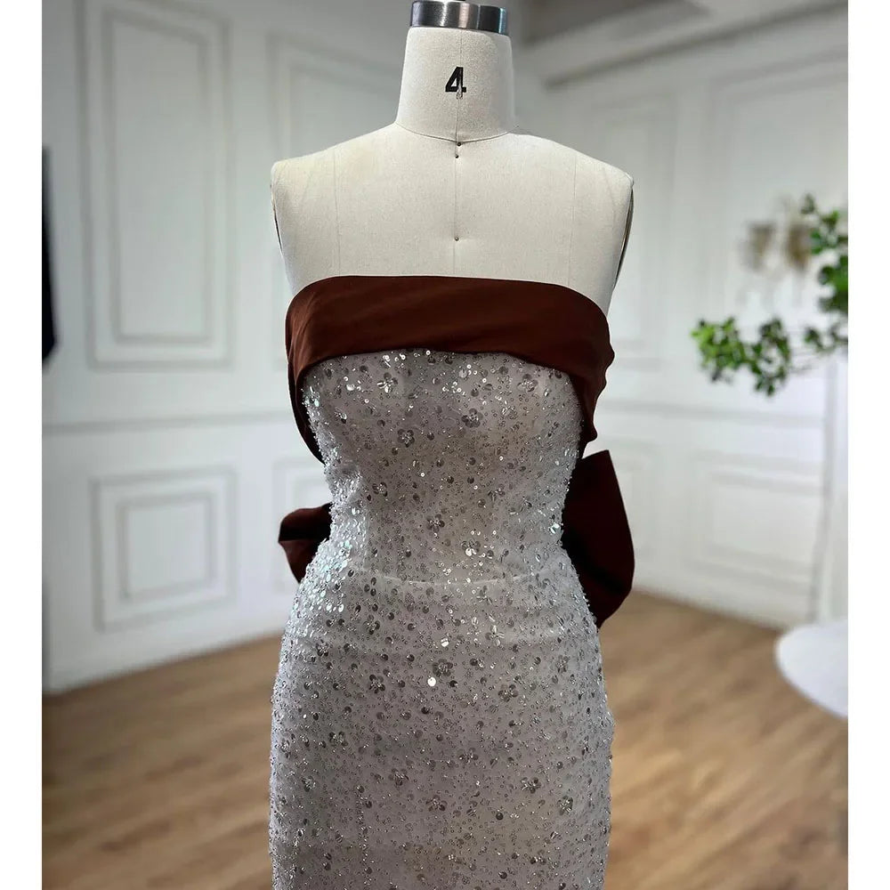 Serene Hill Arabic Beige Elegant Mermaid Strapless Beaded Evening Dresses 2024 Gowns For Women Wedding Party LA72065
