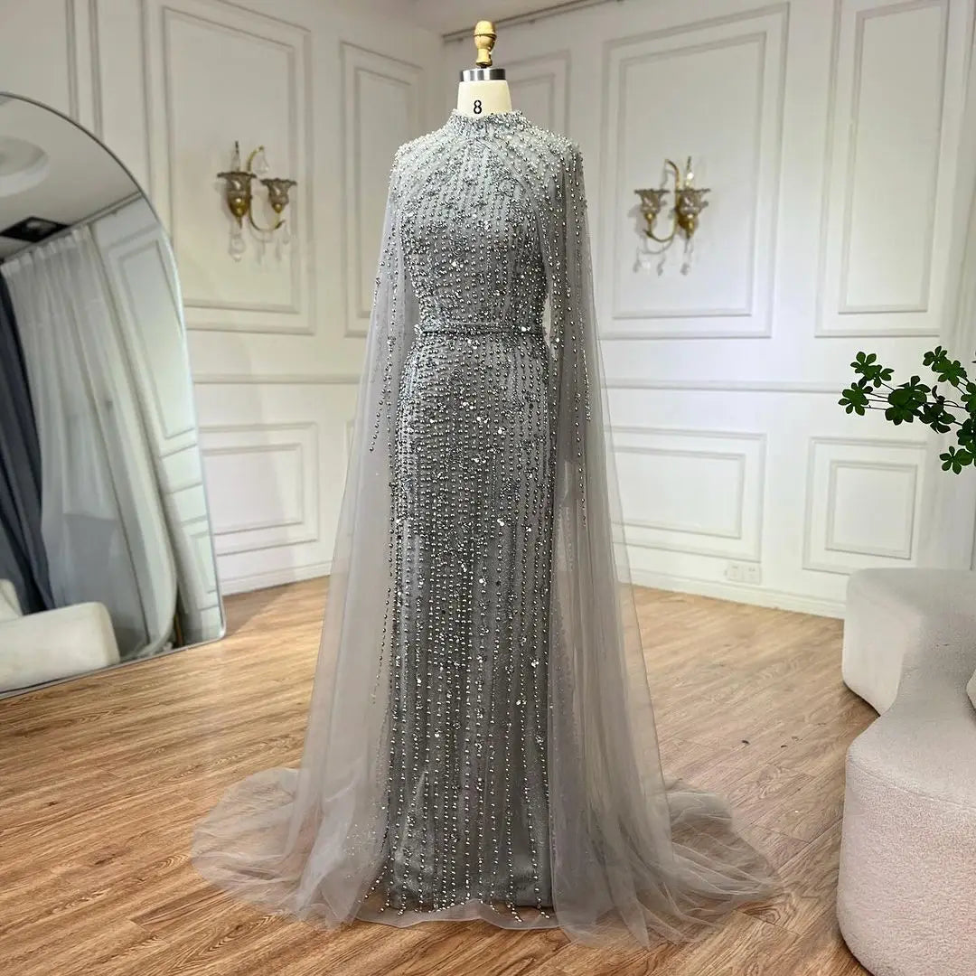 SERENE HILL 2024 Arabic Nude Mermaid Cape Long Sleeves Luxury Beaded Evening Dresses Formal Gowns Women Wedding Party GLA72372
