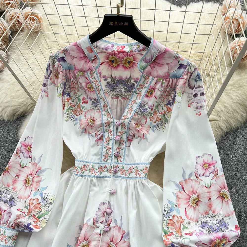 Spring Dresses 2024 Women Fashion Elegant Vintage Floral Print Dress V Neck Front Button Up Long Sleeve Holiday Mini Dress Woman