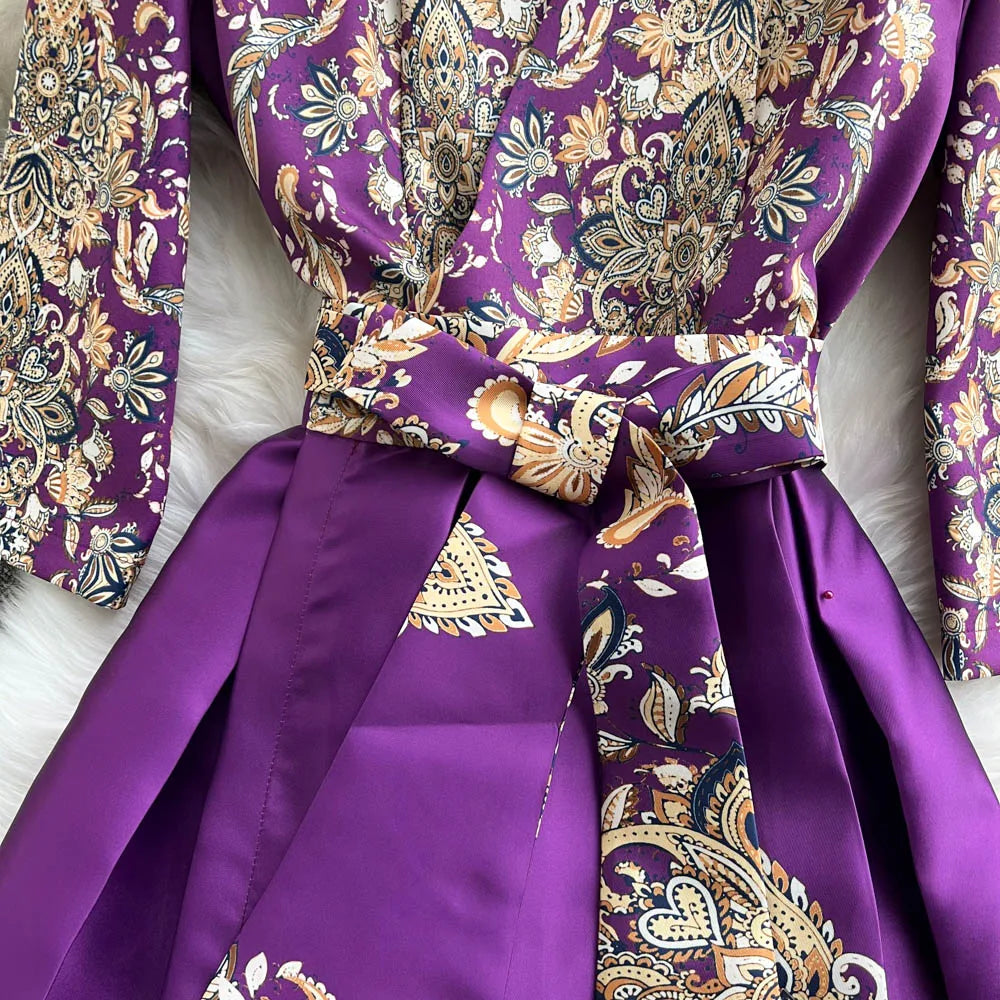 Pinkou Women Elegant Print Maxi Dress Cross V Neck Bow Tie Sashes Three Quarter Sleeve Female Chic Wrap Dresses Vestido QA815
