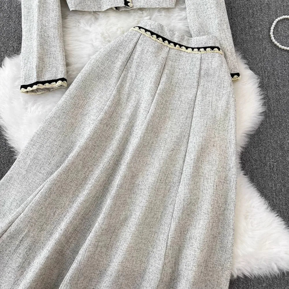 Small Fragrance Elegant 2-Piece Set Spring Autumn Trendy Women's Outfit O-Neck Short Coat+High Waist Midi A-line Skirt Suit