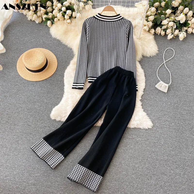 ANSZKTN Ladies Knitted Cardigan Top Wide Leg Trousers Clothing Fall Winter 2 Piece Sets For Women