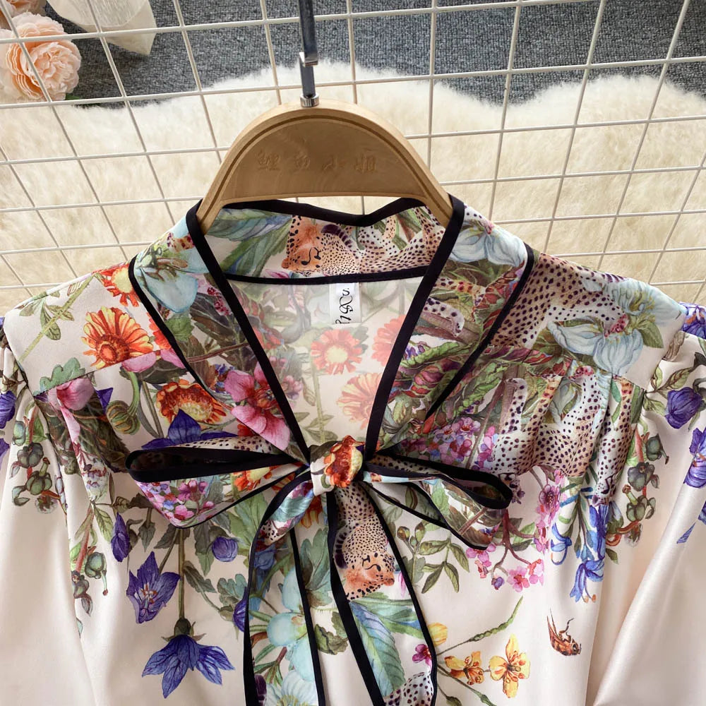 Vintage Elegant Long Dress Women Slim Floral Printed Party Dresses Tie Bow Elastic Waist Lantern Long Sleeve Long Robe Vestidos