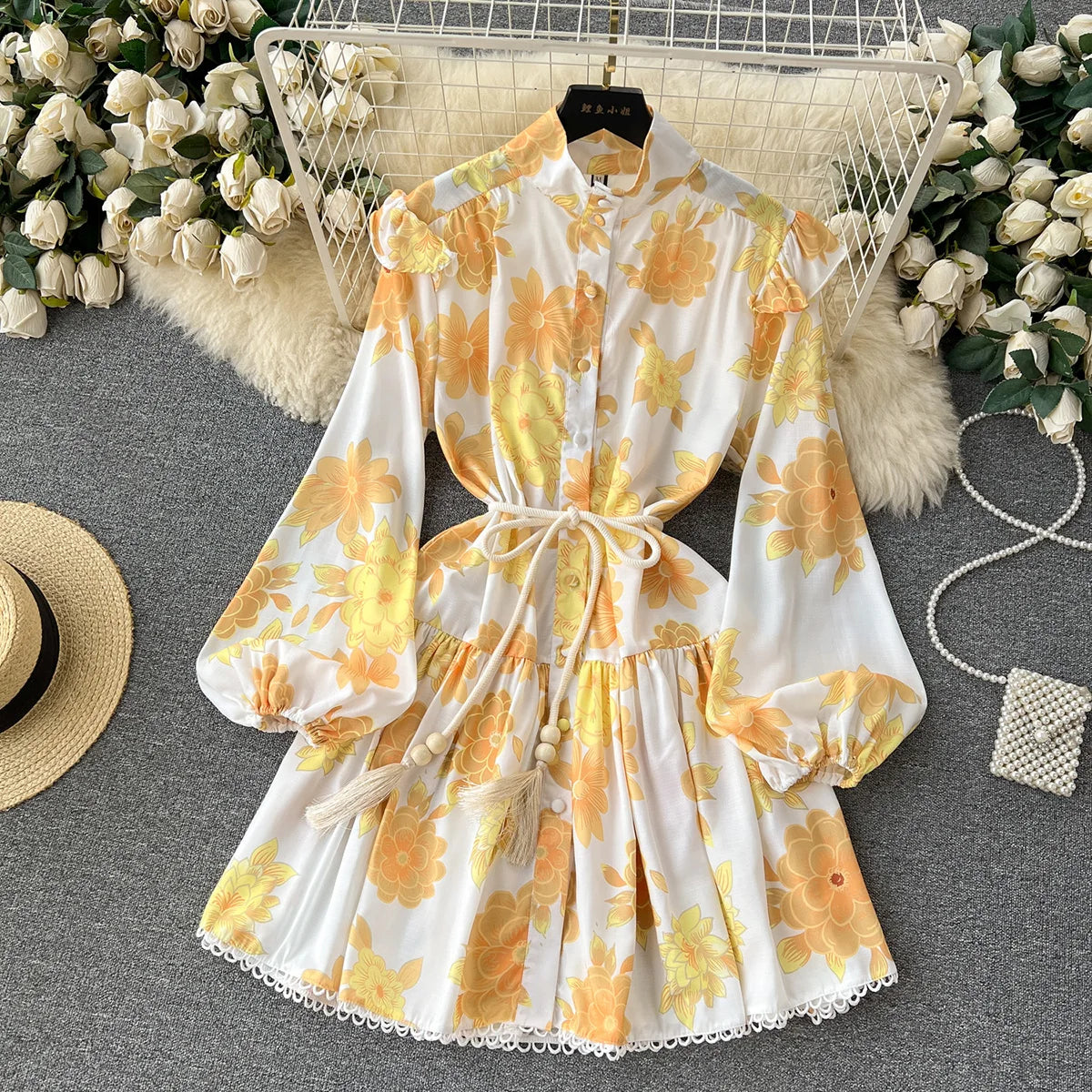 Spring Summer Holiday Dresses For Women 2023 Elegant Vintage Flower Print Dress Ruffle Trim Long Sleeve Mini Dress With Belt