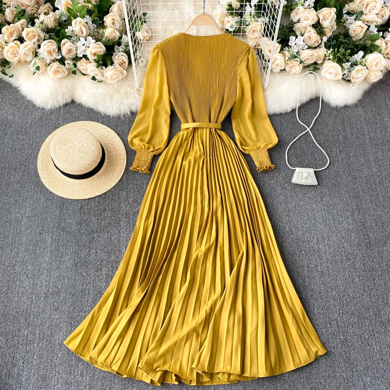 Chic Pleated Elegant Puff Sleeve Dress A-line Chiffon High Waist Belt Beach Vacation Party Dress Women Summer Spring Vestidos