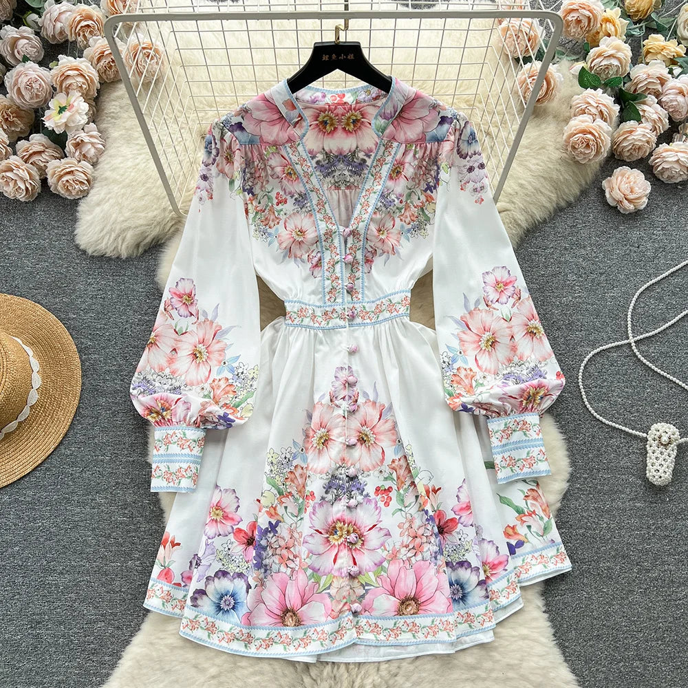 Spring Dresses 2024 Women Fashion Elegant Vintage Floral Print Dress V Neck Front Button Up Long Sleeve Holiday Mini Dress Woman