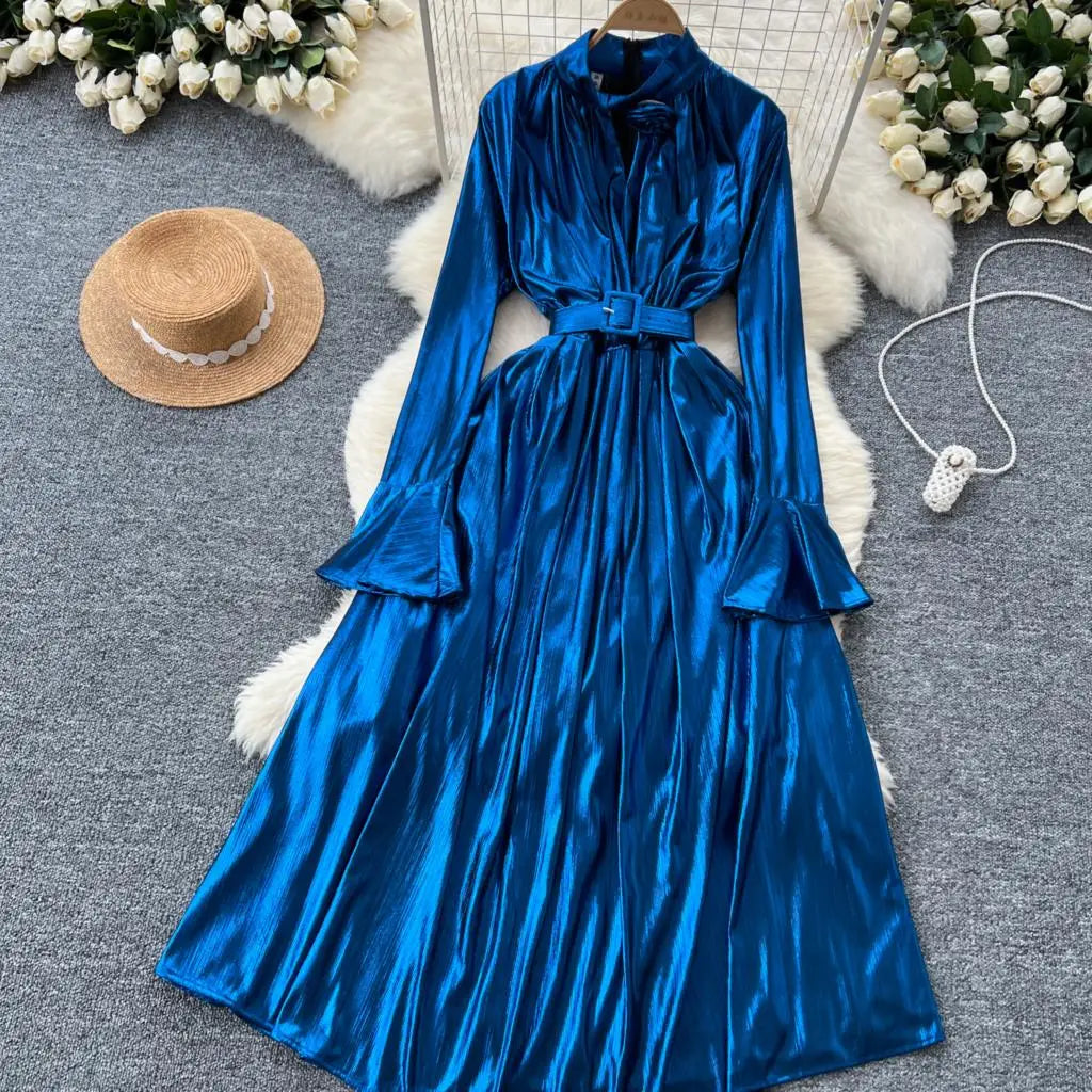 Autumn Vintage Pleated Women Long Dress Elegant Stand Collar Solid A-Line Party Prom Vestidos Female Birthday Clothes Mujers