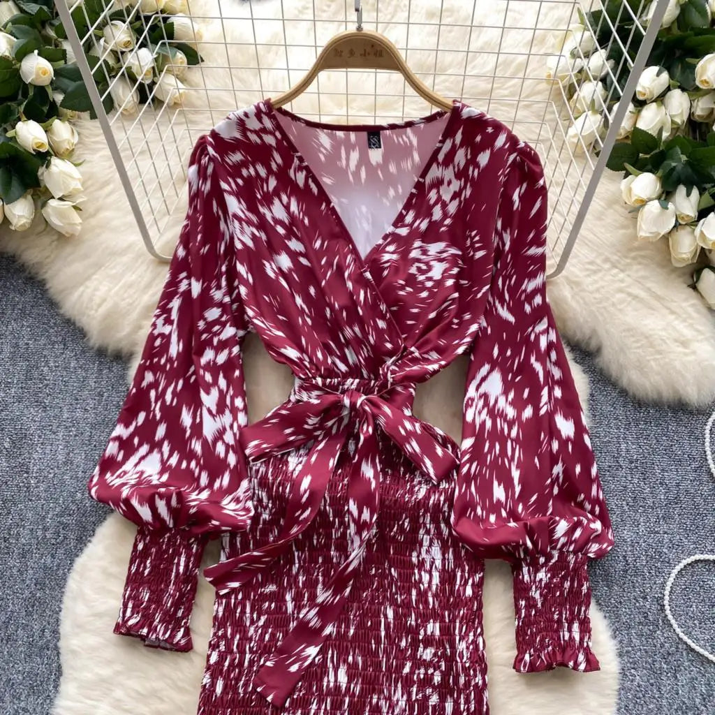 Women Casual Vintage Print Ruffle Long Dress Autumn Elegant V Neck Lantern Sleeve Party Mermaid Dresses Holiday Female Mujer New