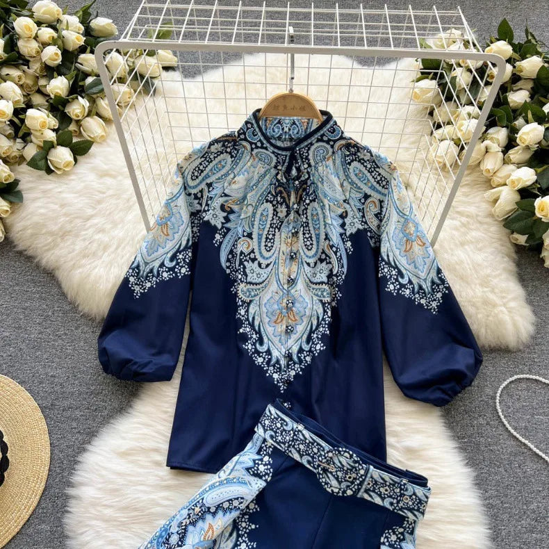 Spring Summer Retro Print Two Piece Set Women Lantern Sleeves Standing Neck Blouse Top+High Waist Wide Leg Shorts Elegant Suits