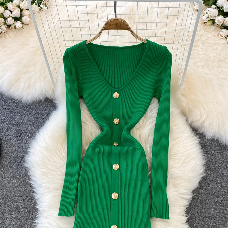 Chic V Neck Long Sleeve Elegant Mermaid Dress Sexy slim Evening Party French Fashion Knit Vestidos High Waist Autumn Slim Robe
