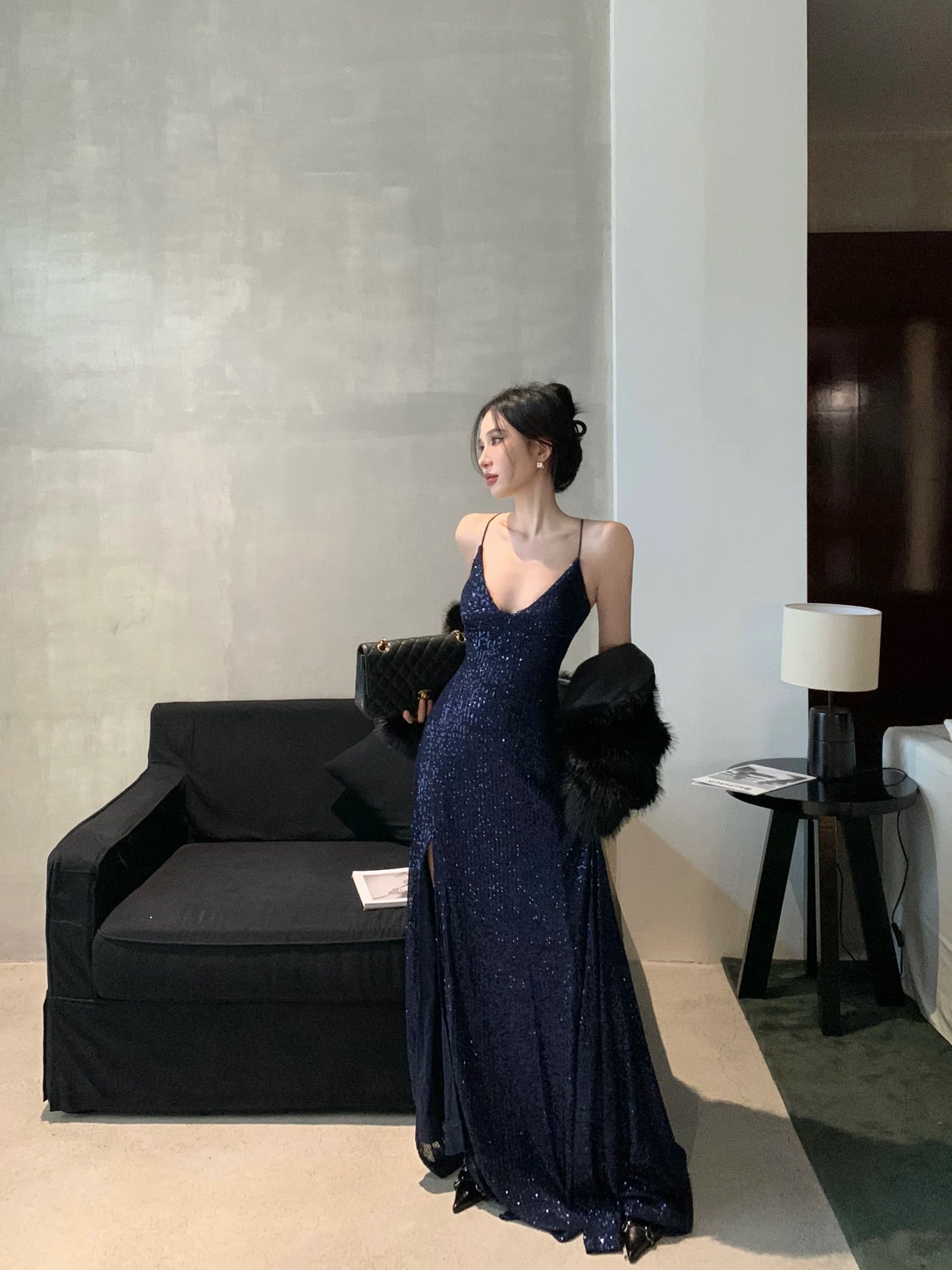 Women's Backless V-Neck Split Maxi Dress Sexy Slim Evening Gown Luxury Dresses Fashion Robe Birthday Party Spring Autumn New