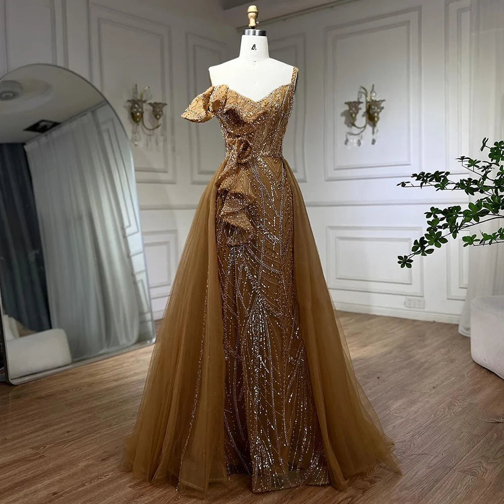 Serene Hill Golden Mermaid Evening Dress With Skirt - Women's Luxury Grey Beaded Spaghetti Strap Party 2024, LA72341
