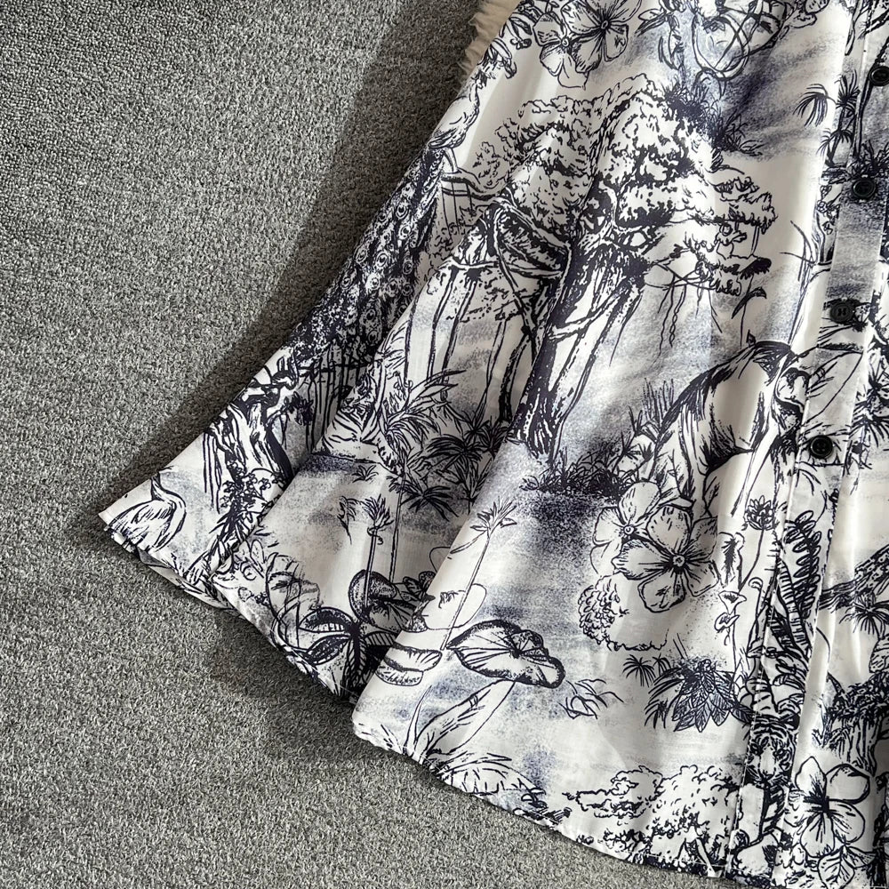 Summer Retro Shirt Dress Women Short Sleeved Lapel Single Breasted A-line Print Long Dresses Ladies Elegant Party Long Robe