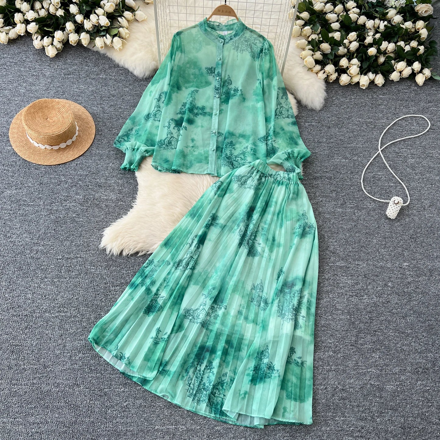Women Chic Print Sweet Two Pieces Sets Bow Lantern Long Sleeve Top High Waitst Wide Skirt Fashion Summer Sets