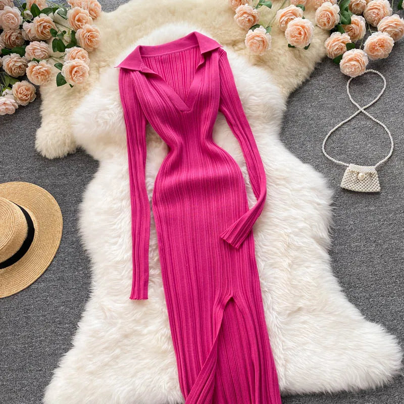 Women Long Sleeve Sexy Bodycon Dress with slit Vintage French Fashion Knit v neck Vestidos Basic Tight Elegant Slim Chic Dresses