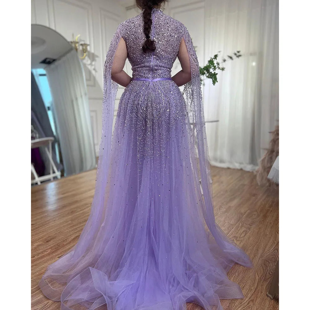Serene Hill Blue A-Line High-end Beaded Luxury Cape Sleeves Evening Dresses Gowns 2024 For Woman Party Plus Size LA70066B