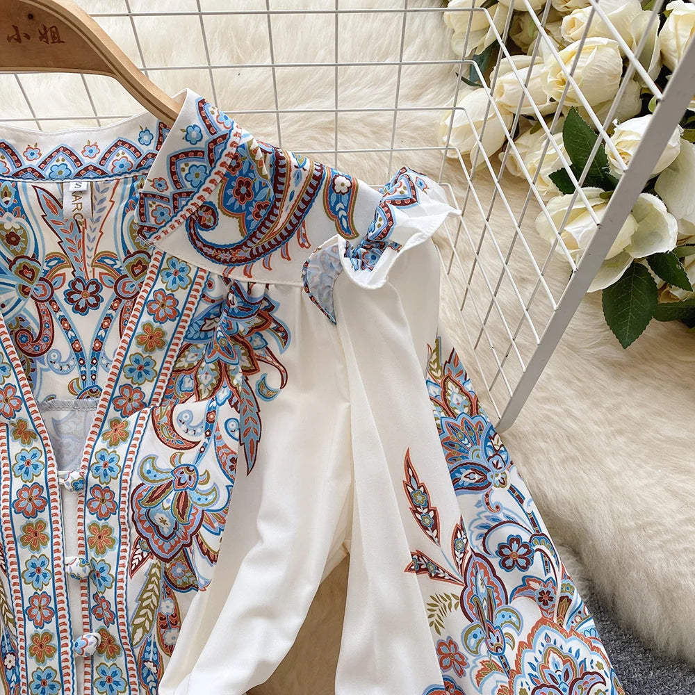 Elegant Dresses For Women 2024 V Neck Vintage Paisley Print Mini Holiday Dress Spring Ruffle Trim Long Sleeve Bohemian Dress