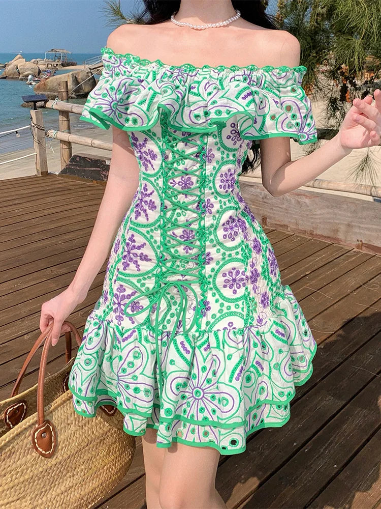 Vacation Beach Dress Women Summer Ruffle Hem Vintage Cutwork Embroidery Dress Front Lace Up Sexy Off Shoulder Mini Party Dress