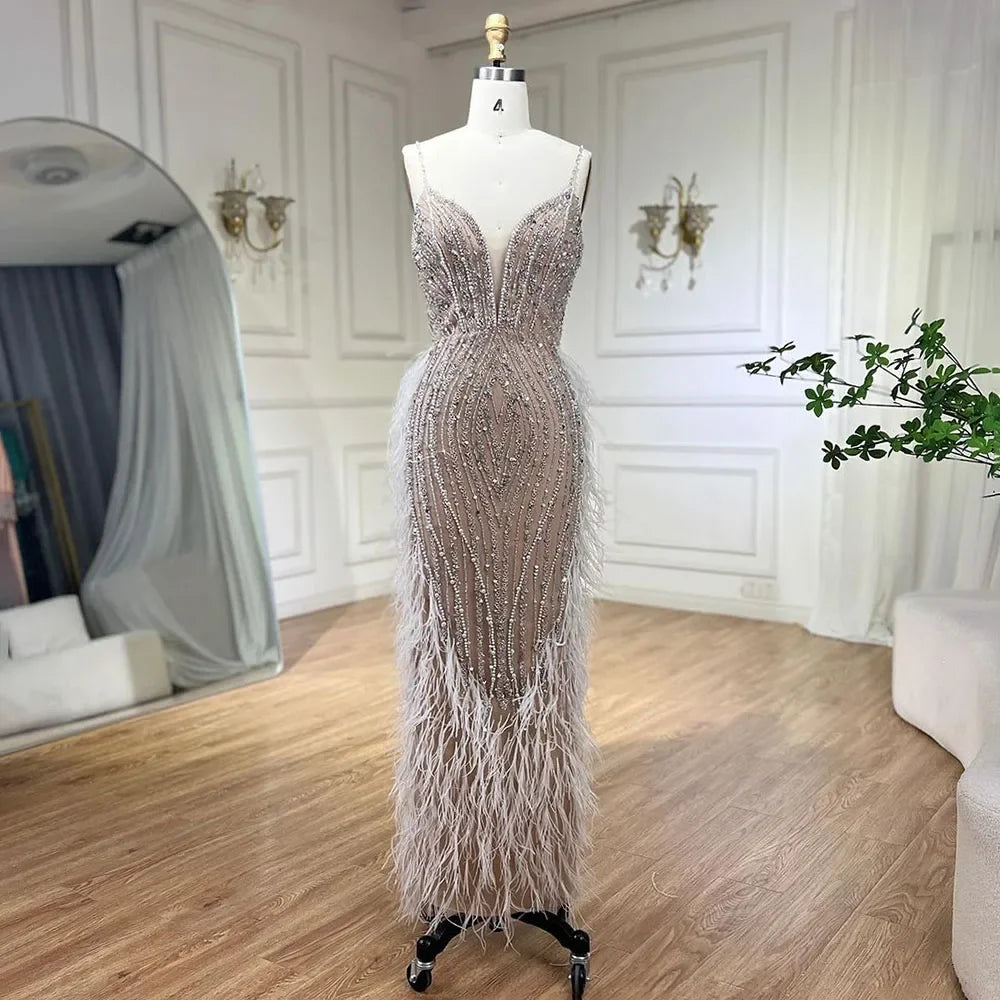 Serene Hill 2024 White Nude Mermaid Wedding Party Dresses with Beaded Feathers Luxury Cape Sleeves Prom Party Gowns LA72047A