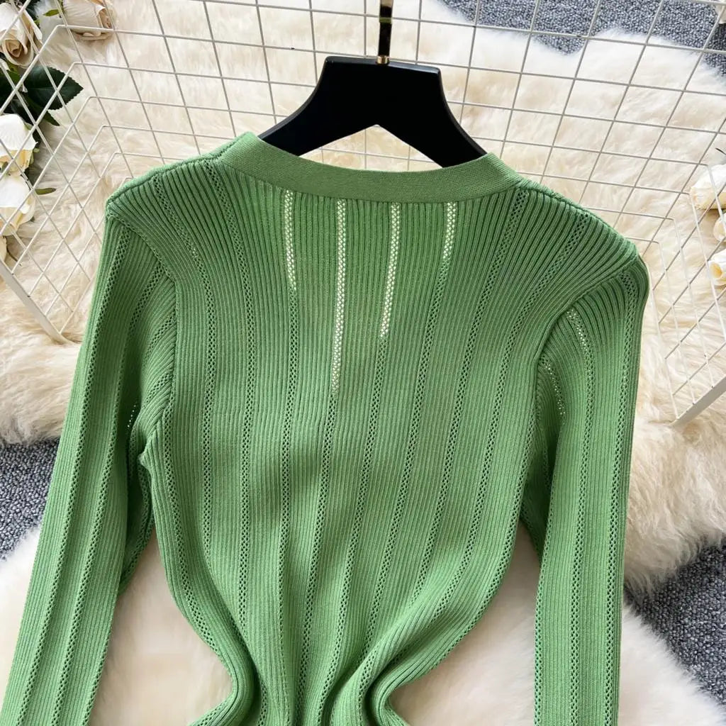 Elegant Women Solid Knitted Dresses Autumn V-Neck Single Breasted Chic Flared Sleeve Ruffles Hem Casual Female Slim Office Robes