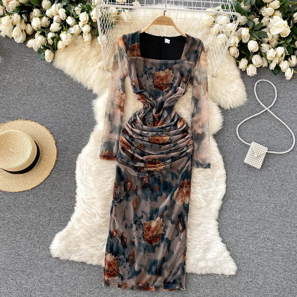 Elegant High Waist Fashion Print Pleated Split Dress Long Sleeve Square Neck Vestidos Autumn Winter Pencil Dress