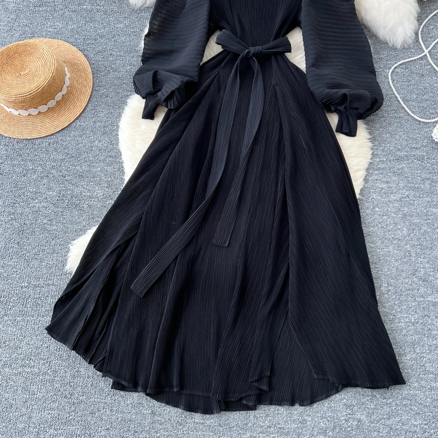 Vintage Elegant Lantern Sleeve Sweet Pleated Dress Women Basics Fashion Summer Spring Dresse