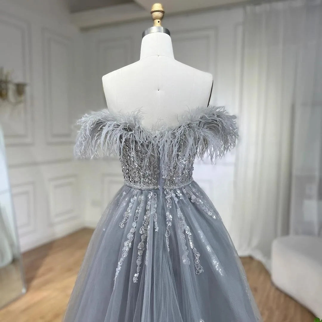 SERENE HILL 2024 Blue Feather Mermaid Luxury Beaded Evening Dresses Overskirt Formal Pink Gowns For Women Wedding Party GLA72061