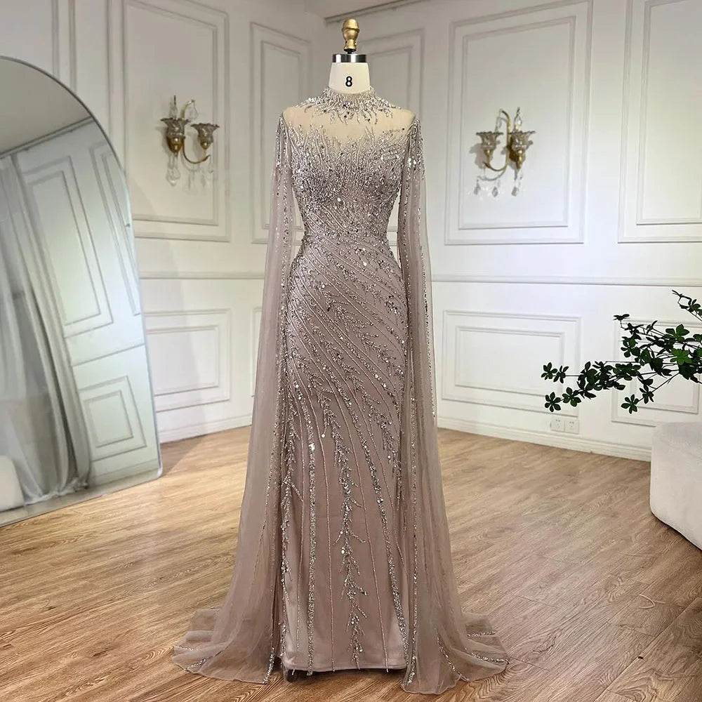 Serene Hill 2024 Nude Cape Sleeves Mermaid Lace Beaded Luxury Dubai Long Evening Dresses Gowns for Women Wedding Party BLA71885A