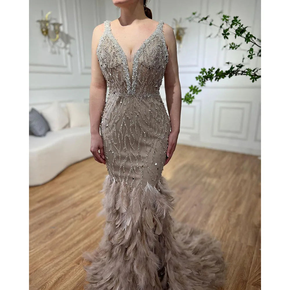 Serene Hill Pink Mermaid High Split Luxury Evening Dresses Feather Beaded Gowns Long 2024 For Women Wedding Party LA72152
