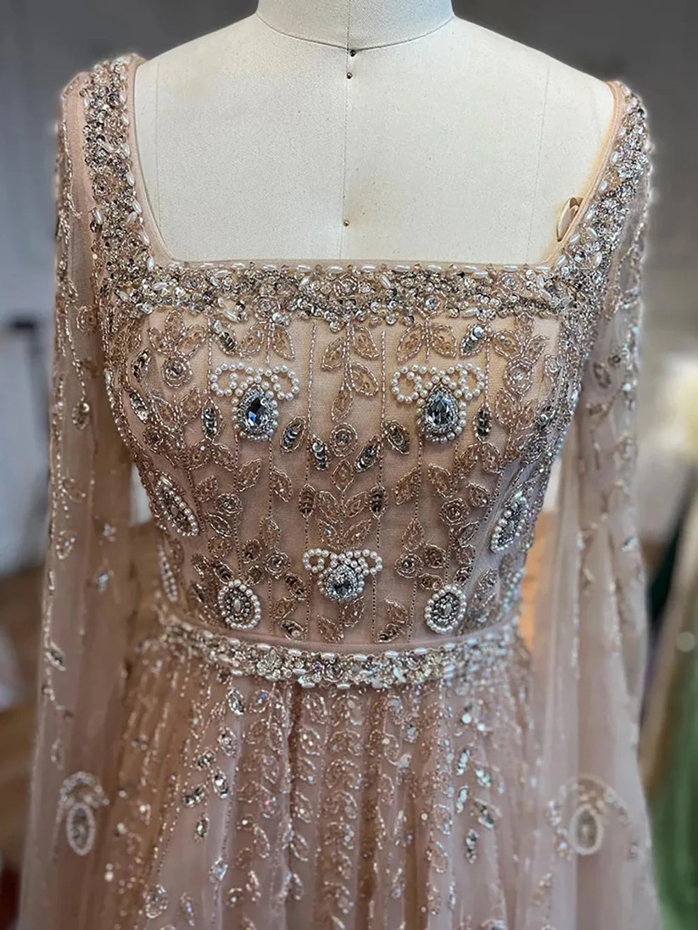Serene Hill 2024 Muslim Pink A Line Beaded Elegant Cape Sleeve Luxury Evening Dresses Gowns For Women Wedding Party LA71803A