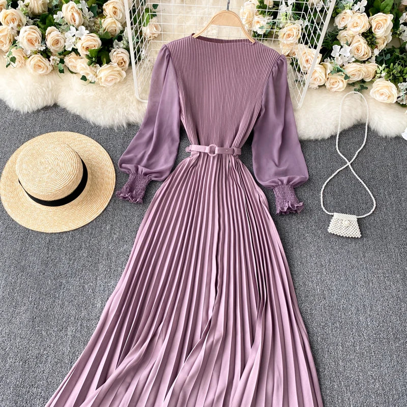 Chic Pleated Elegant Puff Sleeve Dress A-line Chiffon High Waist Belt Beach Vacation Party Dress Women Summer Spring Vestidos