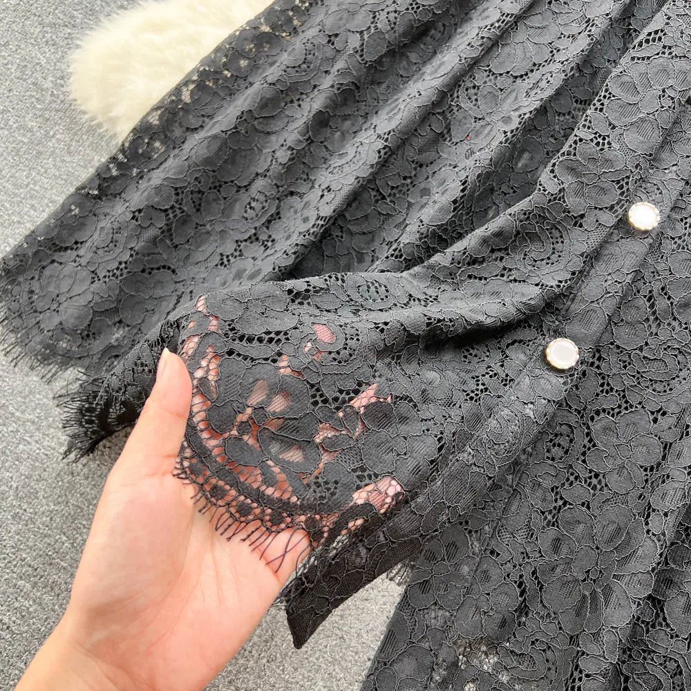Elegant Chic Lace Hook Flower Hollow Long Sleeve Lapel Dress Party A-line Vestidos High Waist Basic Women Autumn Winter Dress