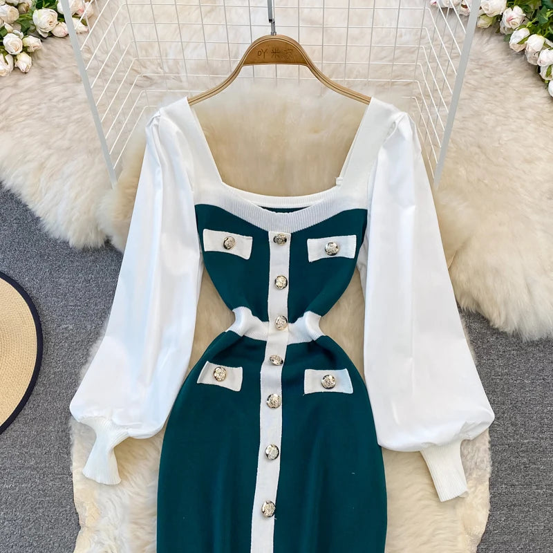 Vintage Elegant Patchwork Square Neck Long Sleeve Knit Dress Casual Women Fashion High Waist Summer Spring Hip Wrap Dress