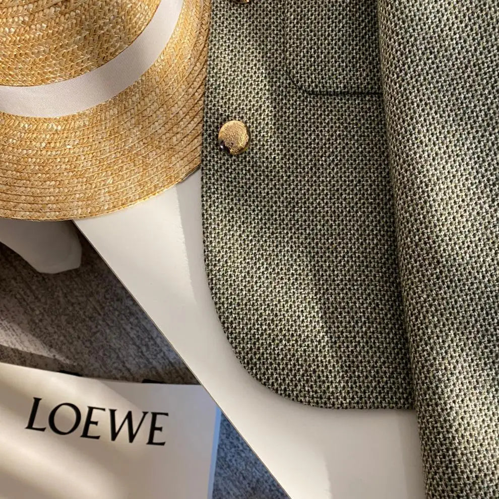 Women's Round Neck Blazer Jacket for Spring and Autumn Trendy Single Breasted Cropped Coat Small Fragrance Green Suit Outerwear