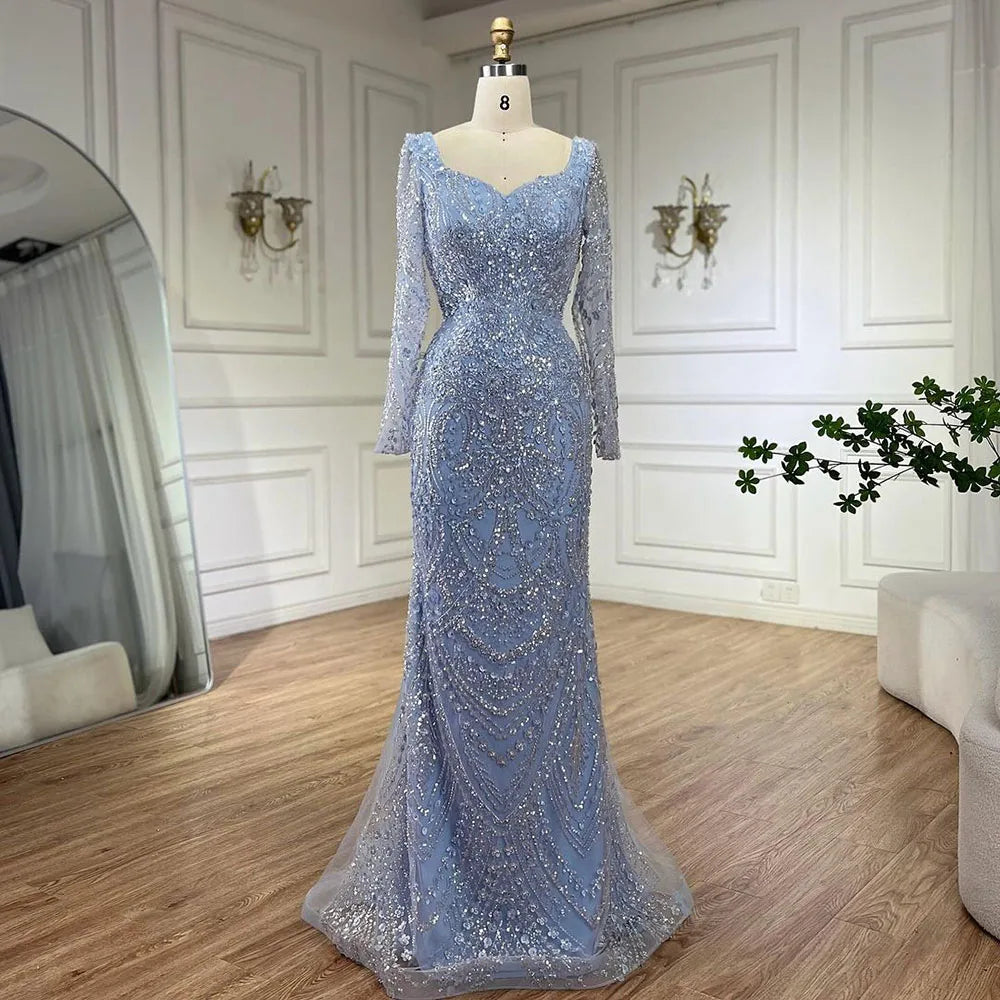 Serene Hill Arabic Blue Sweetheart Mermaid Evening Gown Beaded Overskirt - Luxury Dresses for Woman's Wedding Party 2024 LA72548