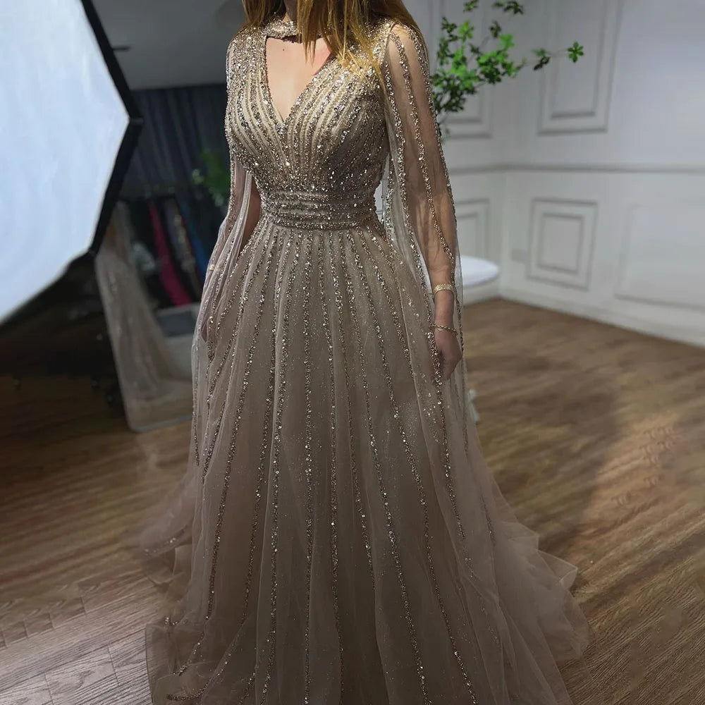 SERENE HILL 2024 Arabic Caramel A-Line Cape Sleeves Beaded Evening Dresses Luxury Gowns For Women Wedding Party GLA72171