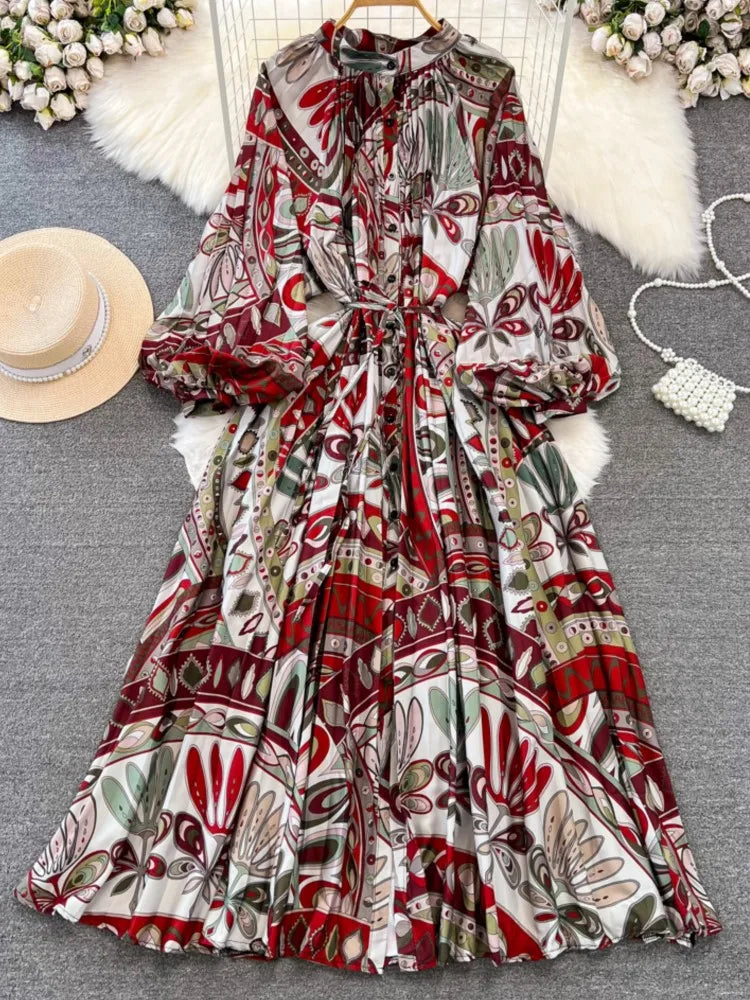 Elegant Women Casual Floral Print Party Dress Vintage Lantern Sleeve A-Line Pleated Prom Birthday Clothes Female Fashion Robe